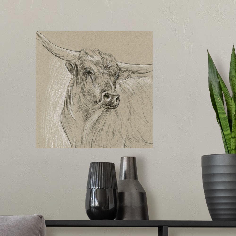 A modern room featuring Black and white sketch of a longhorn on a neutral background.