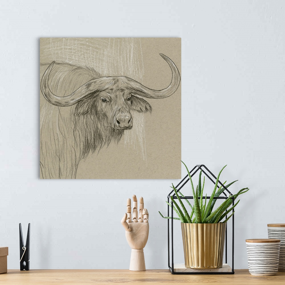 A bohemian room featuring Black and white sketch of a longhorn on a neutral background.