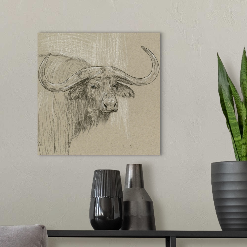 A modern room featuring Black and white sketch of a longhorn on a neutral background.