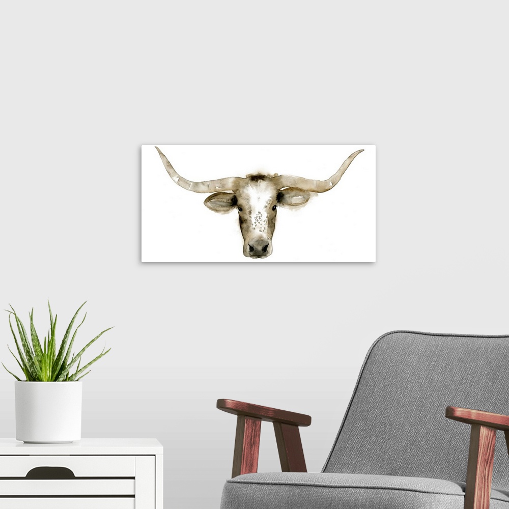 A modern room featuring Watercolor head-on artwork of a longhorn steer on white.