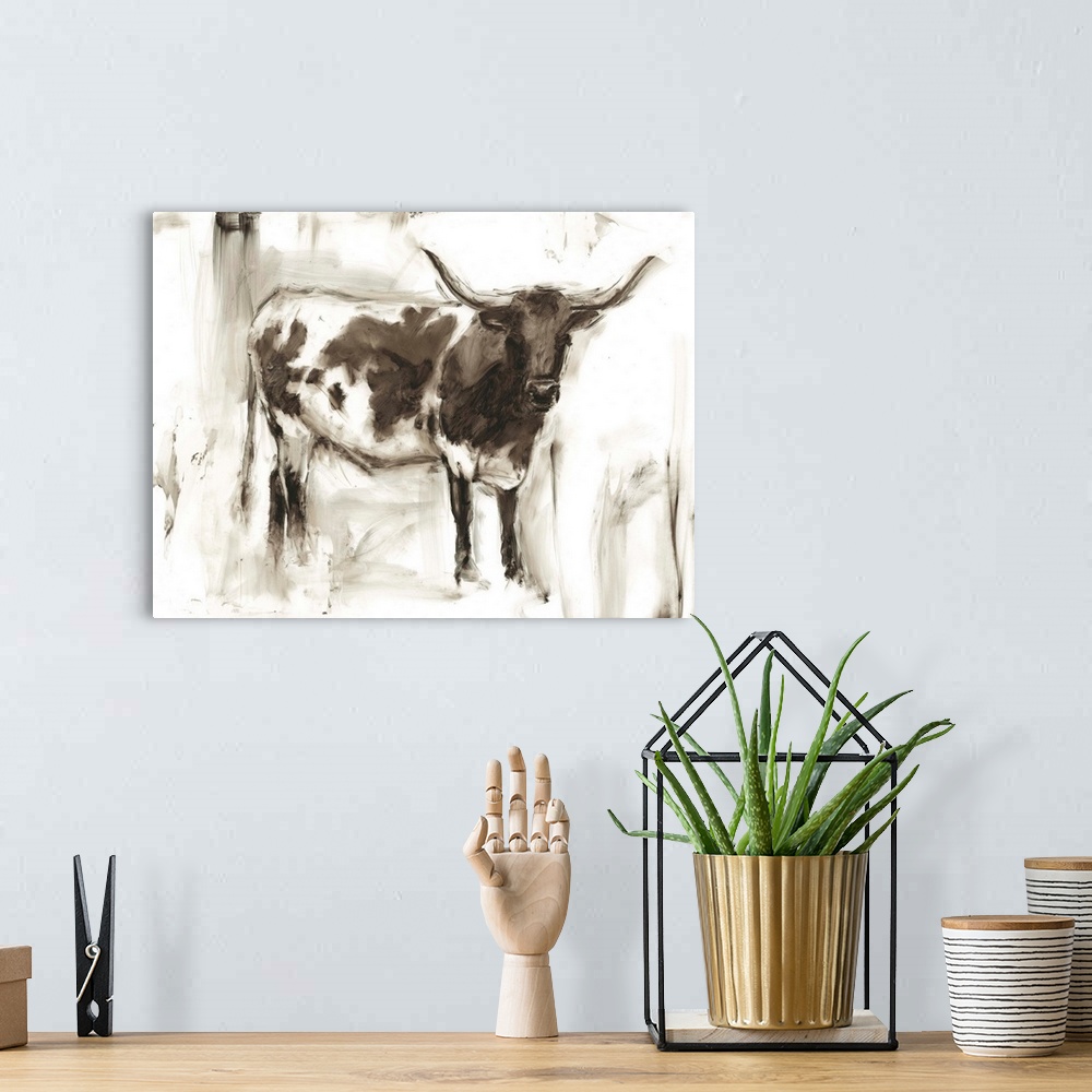 A bohemian room featuring Roughly painted study of a longhorn cow in neutral tones.