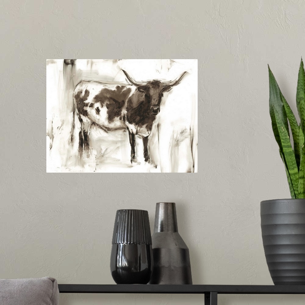 A modern room featuring Roughly painted study of a longhorn cow in neutral tones.