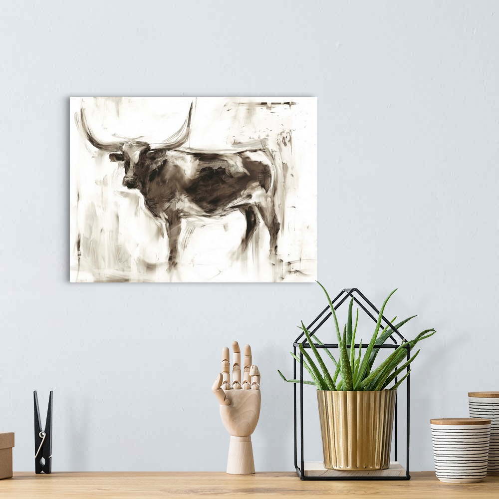 A bohemian room featuring Roughly painted study of a longhorn cow in neutral tones.
