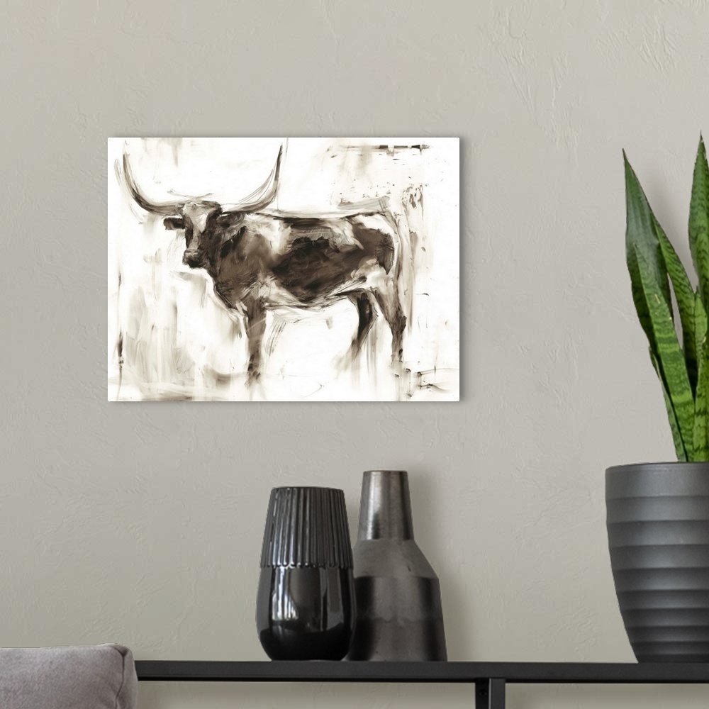 A modern room featuring Roughly painted study of a longhorn cow in neutral tones.