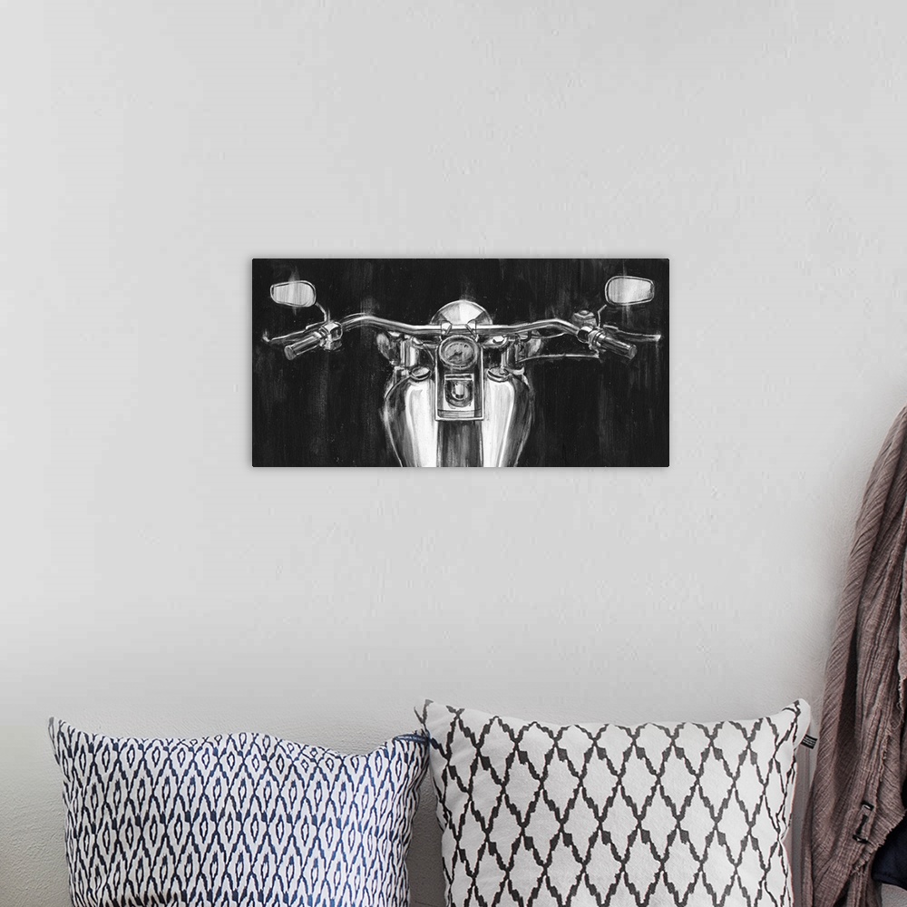 A bohemian room featuring Contemporary painting of a motorcycle's handlebars.