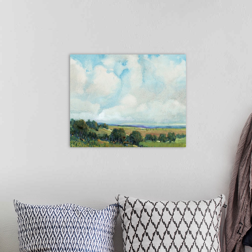 A bohemian room featuring This contemporary artwork features short vertical brush strokes to create this lively countryside...