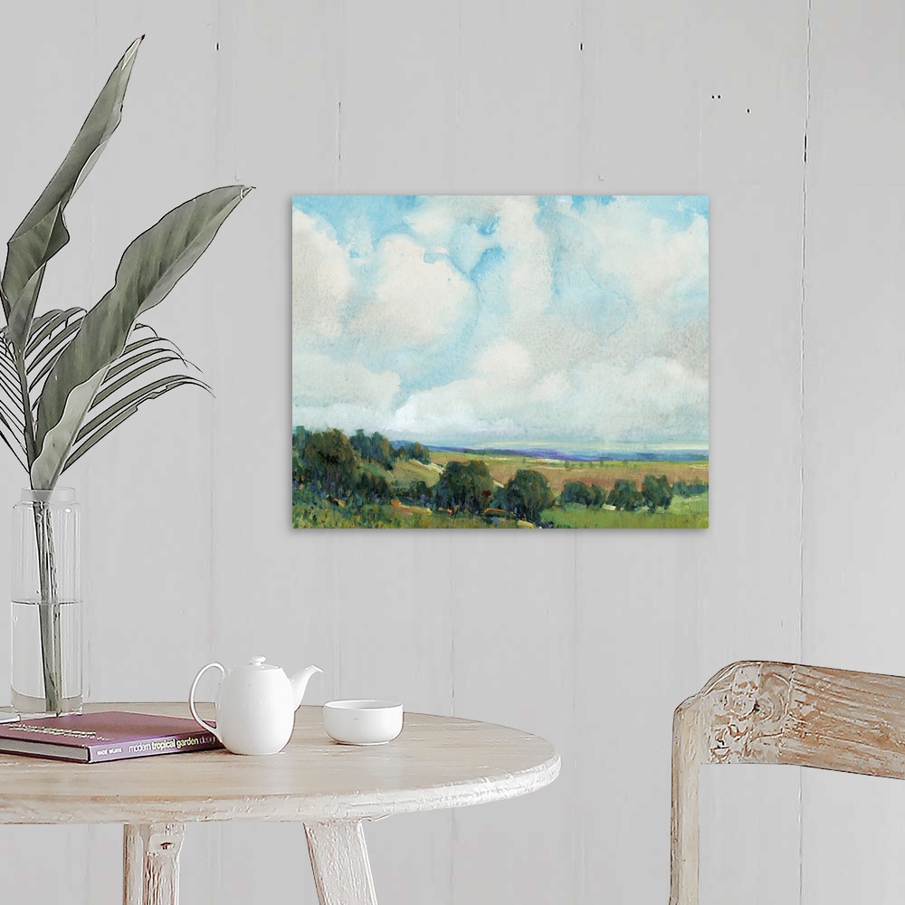 A farmhouse room featuring This contemporary artwork features short vertical brush strokes to create this lively countryside...