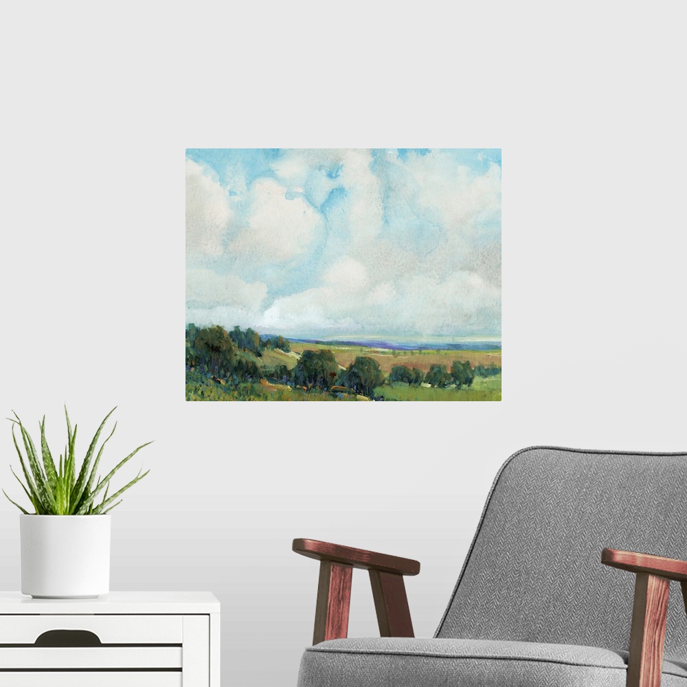 A modern room featuring This contemporary artwork features short vertical brush strokes to create this lively countryside...