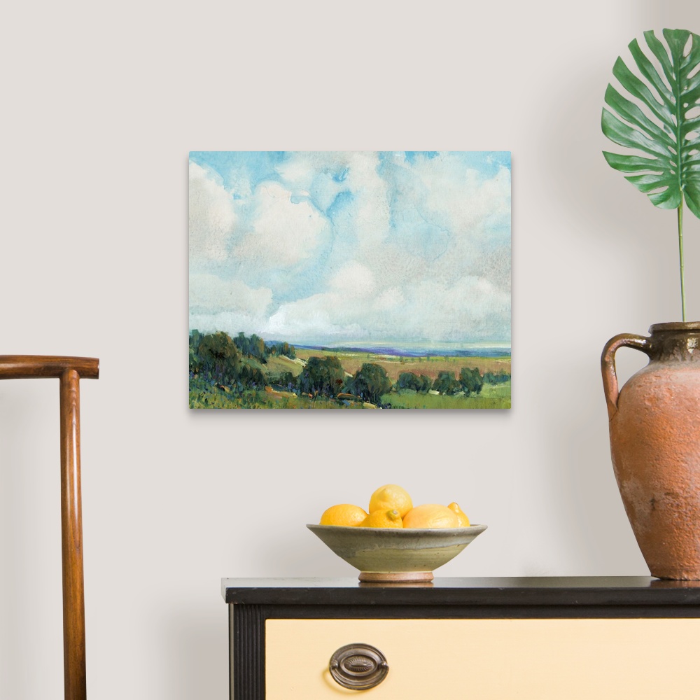 A traditional room featuring This contemporary artwork features short vertical brush strokes to create this lively countryside...