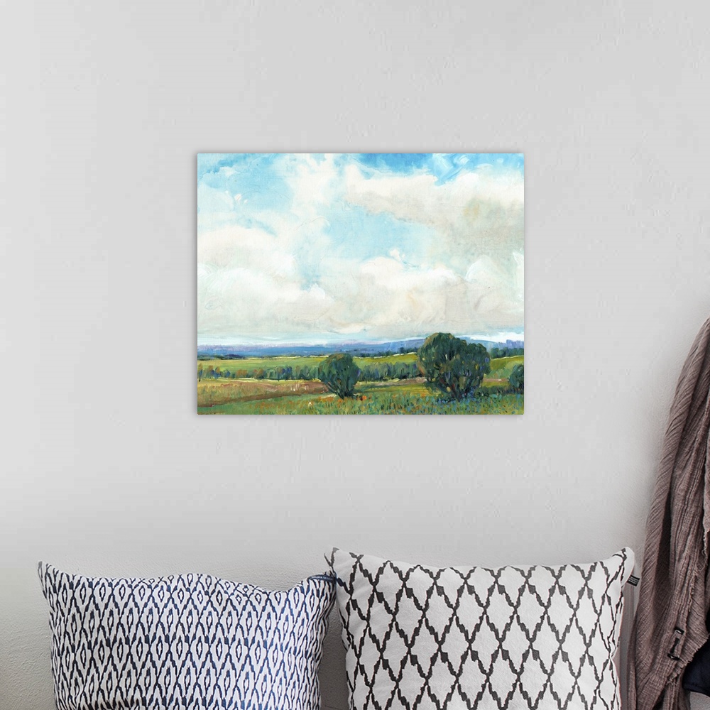 A bohemian room featuring This contemporary artwork features short vertical brush strokes to create this lively countryside...