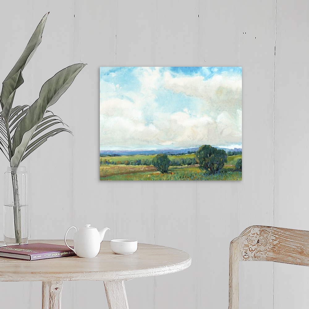 A farmhouse room featuring This contemporary artwork features short vertical brush strokes to create this lively countryside...