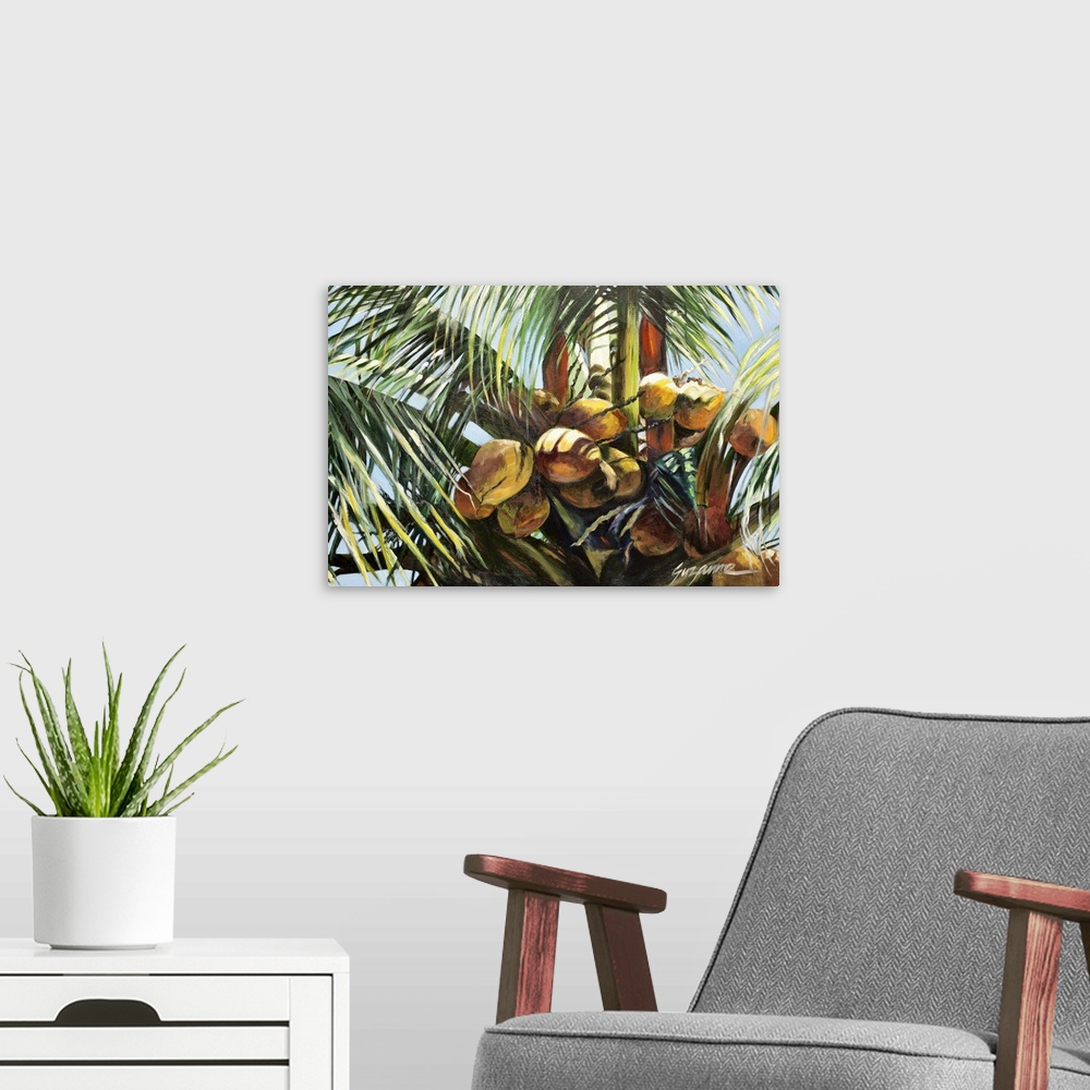 A modern room featuring A painting of a group of coconuts on a palm tree.