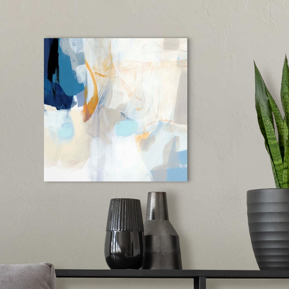 A modern room featuring Abstract painting using pale blue and neutral tones.