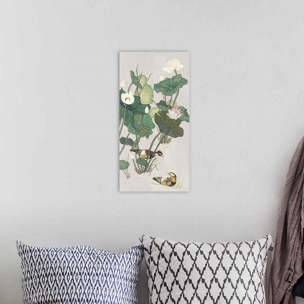 A bohemian room featuring This painted illustration over linen gives a vintage feel to playful pond scene featuring lotus f...