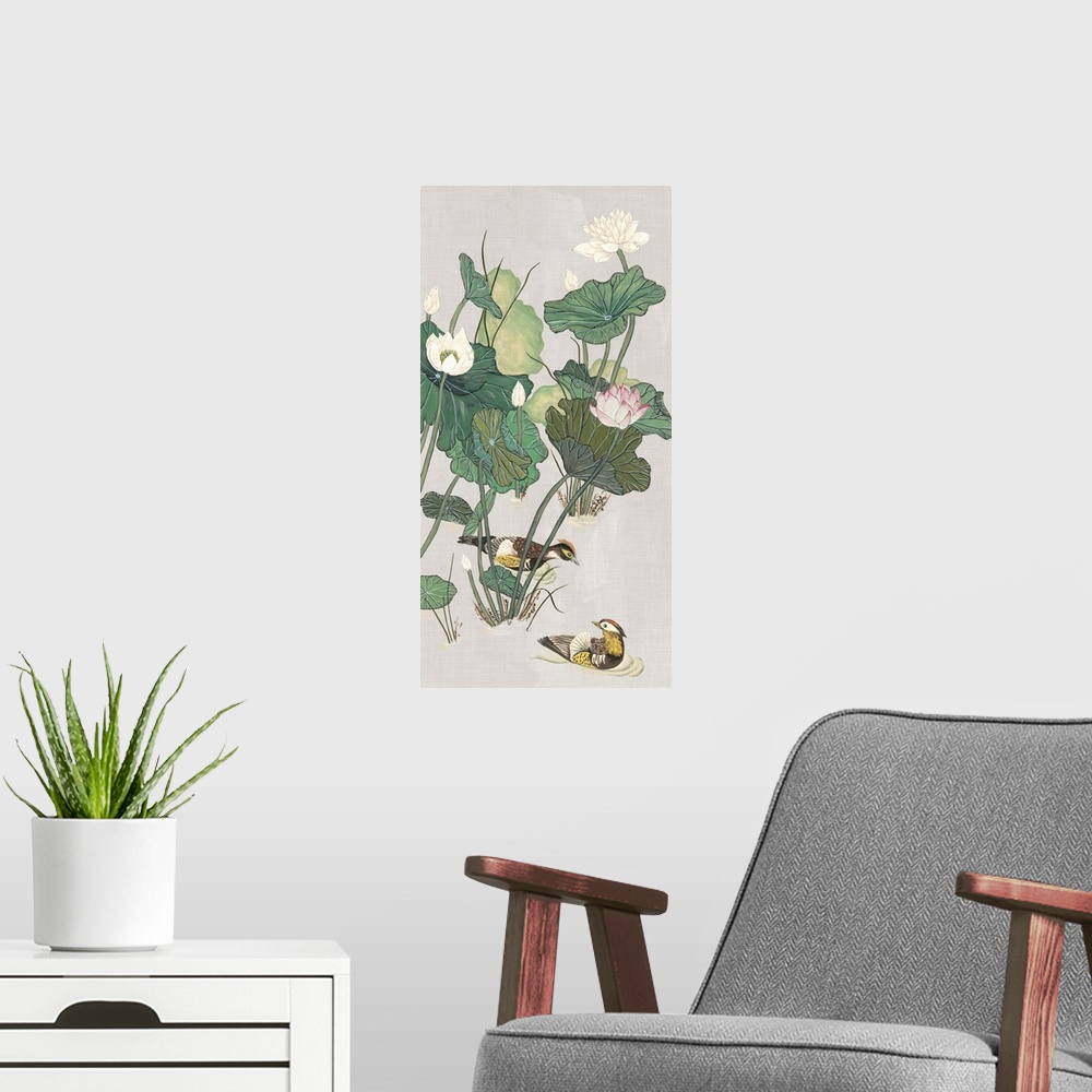 A modern room featuring This painted illustration over linen gives a vintage feel to playful pond scene featuring lotus f...