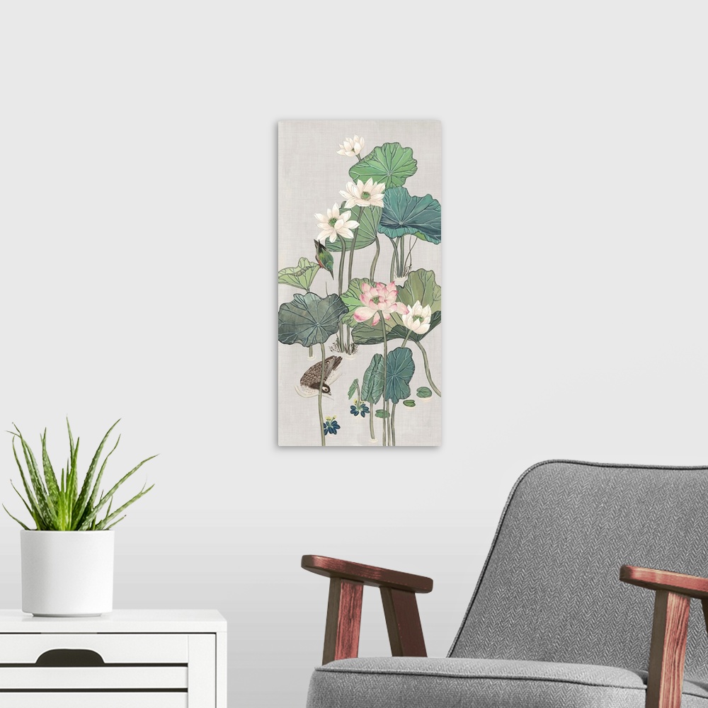 A modern room featuring This painted illustration over linen gives a vintage feel to playful pond scene featuring lotus f...