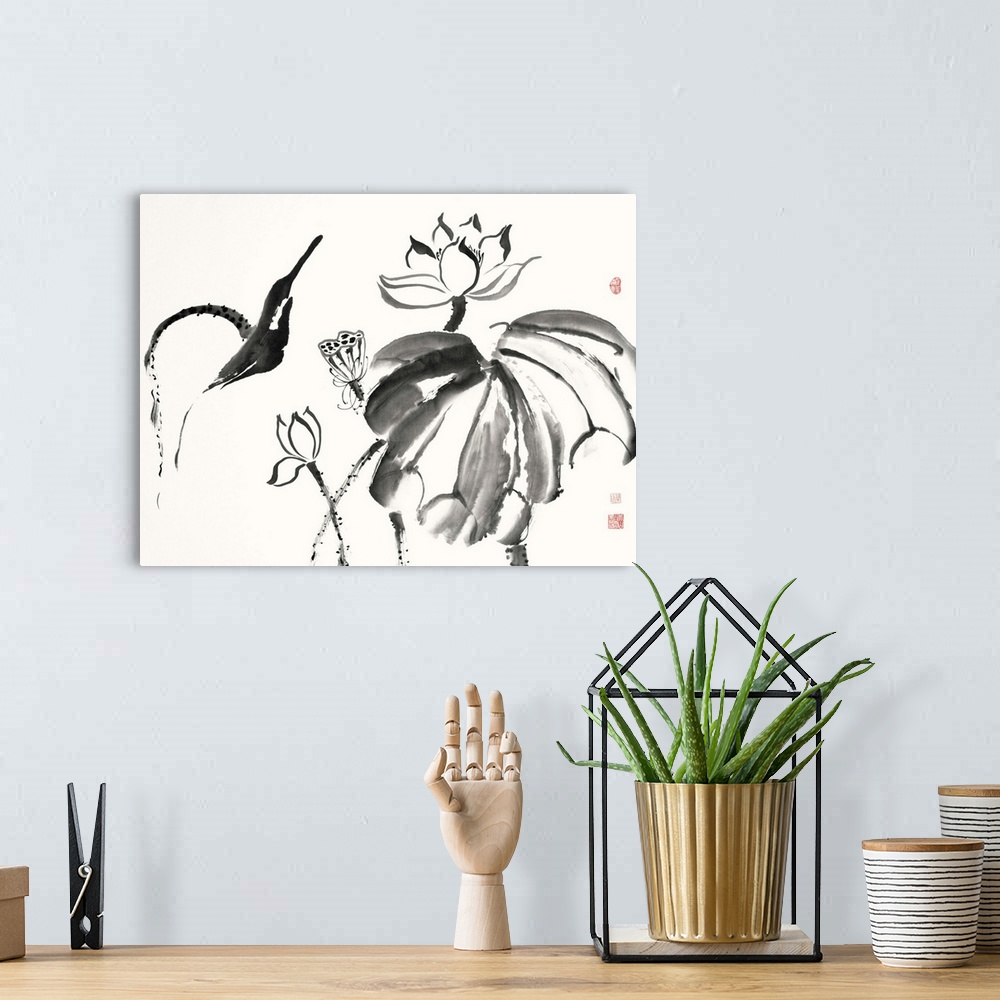 A bohemian room featuring Illustrations of free formed lotus flowers in black watercolor with red Japanese symbols on the s...