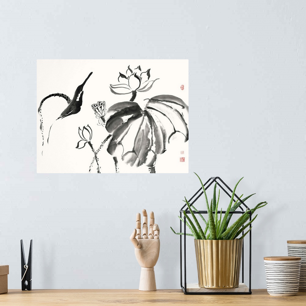 A bohemian room featuring Illustrations of free formed lotus flowers in black watercolor with red Japanese symbols on the s...