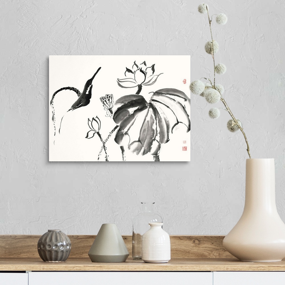 A farmhouse room featuring Illustrations of free formed lotus flowers in black watercolor with red Japanese symbols on the s...
