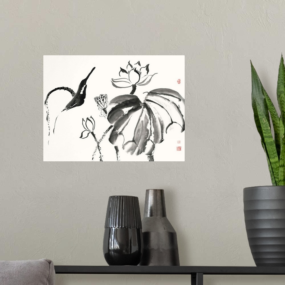 A modern room featuring Illustrations of free formed lotus flowers in black watercolor with red Japanese symbols on the s...