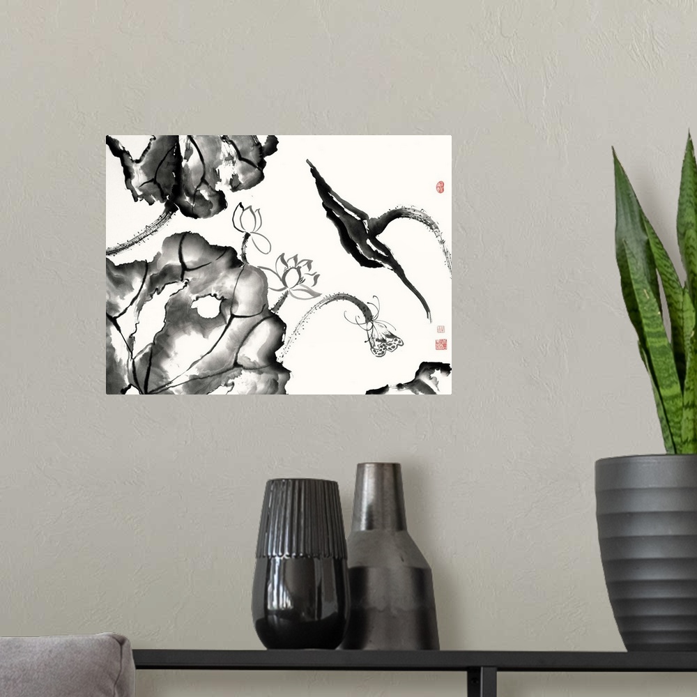 A modern room featuring Illustrations of free formed lotus flowers in black watercolor with red Japanese symbols on the s...
