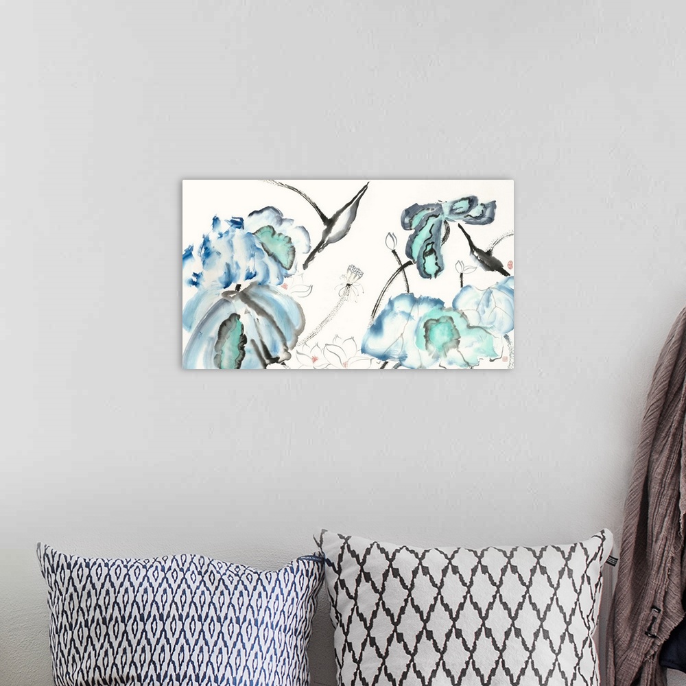 A bohemian room featuring Illustrations of free formed lotus flowers in blue and black watercolor with red Japanese symbols...