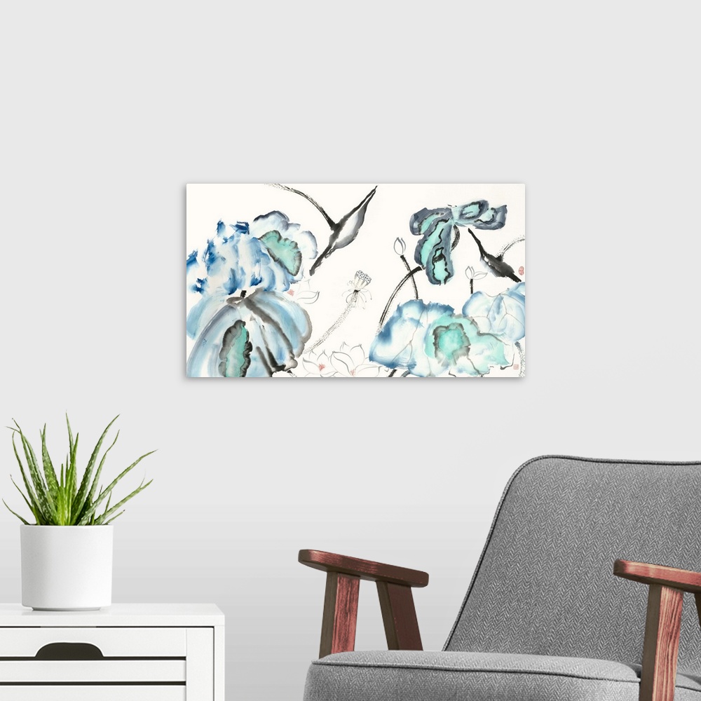 A modern room featuring Illustrations of free formed lotus flowers in blue and black watercolor with red Japanese symbols...