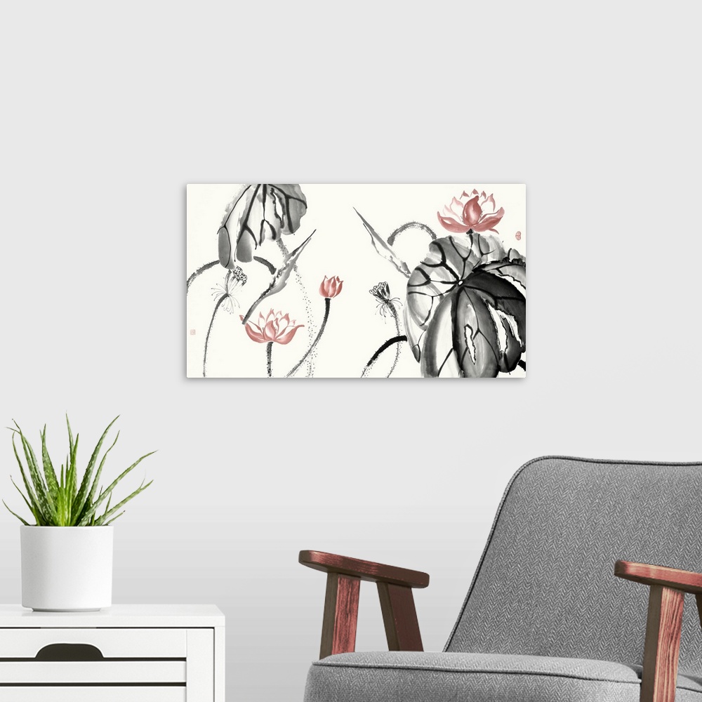 A modern room featuring Illustrations of free formed lotus flowers in black and coral watercolor with red Japanese symbol...