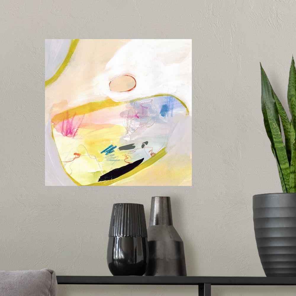A modern room featuring Contemporary abstract painting in various colors with large circular shapes in bright yellow.