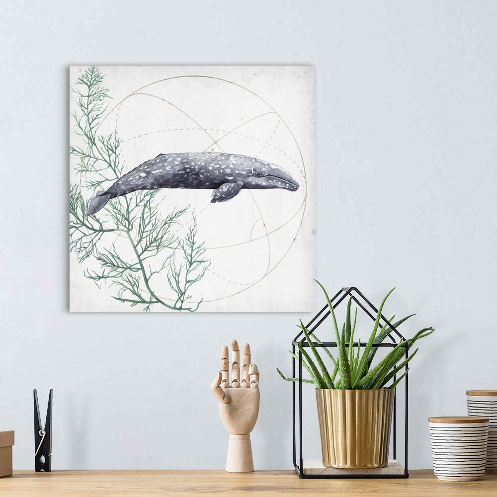 A bohemian room featuring Contemporary watercolor painting of a whale against a background of geometric shapes and seaweed ...