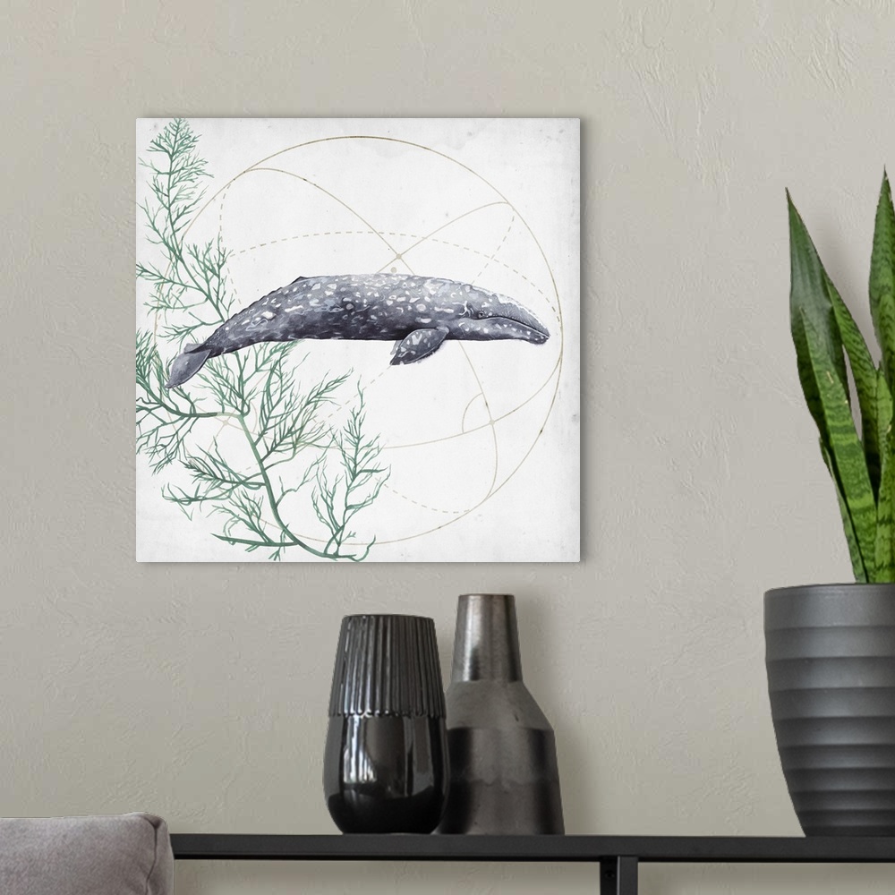 A modern room featuring Contemporary watercolor painting of a whale against a background of geometric shapes and seaweed ...