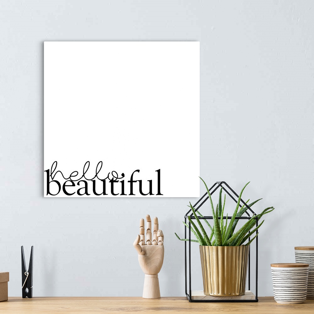 A bohemian room featuring 'Hello Beautiful' minimalist typography on a white square background.
