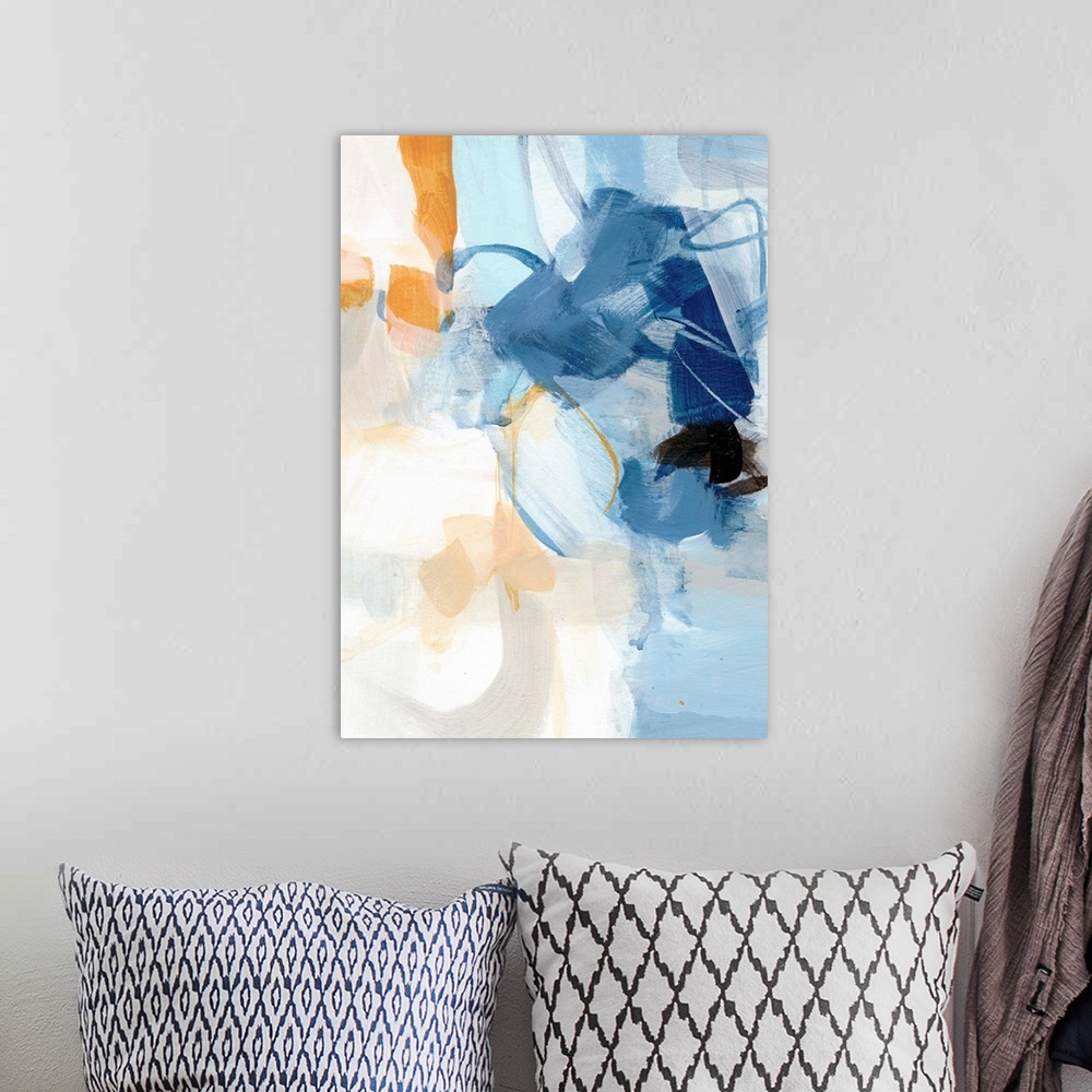 A bohemian room featuring Abstract painting using pale blue and neutral tones.