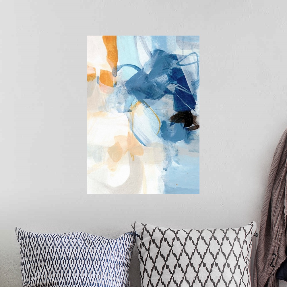 A bohemian room featuring Abstract painting using pale blue and neutral tones.