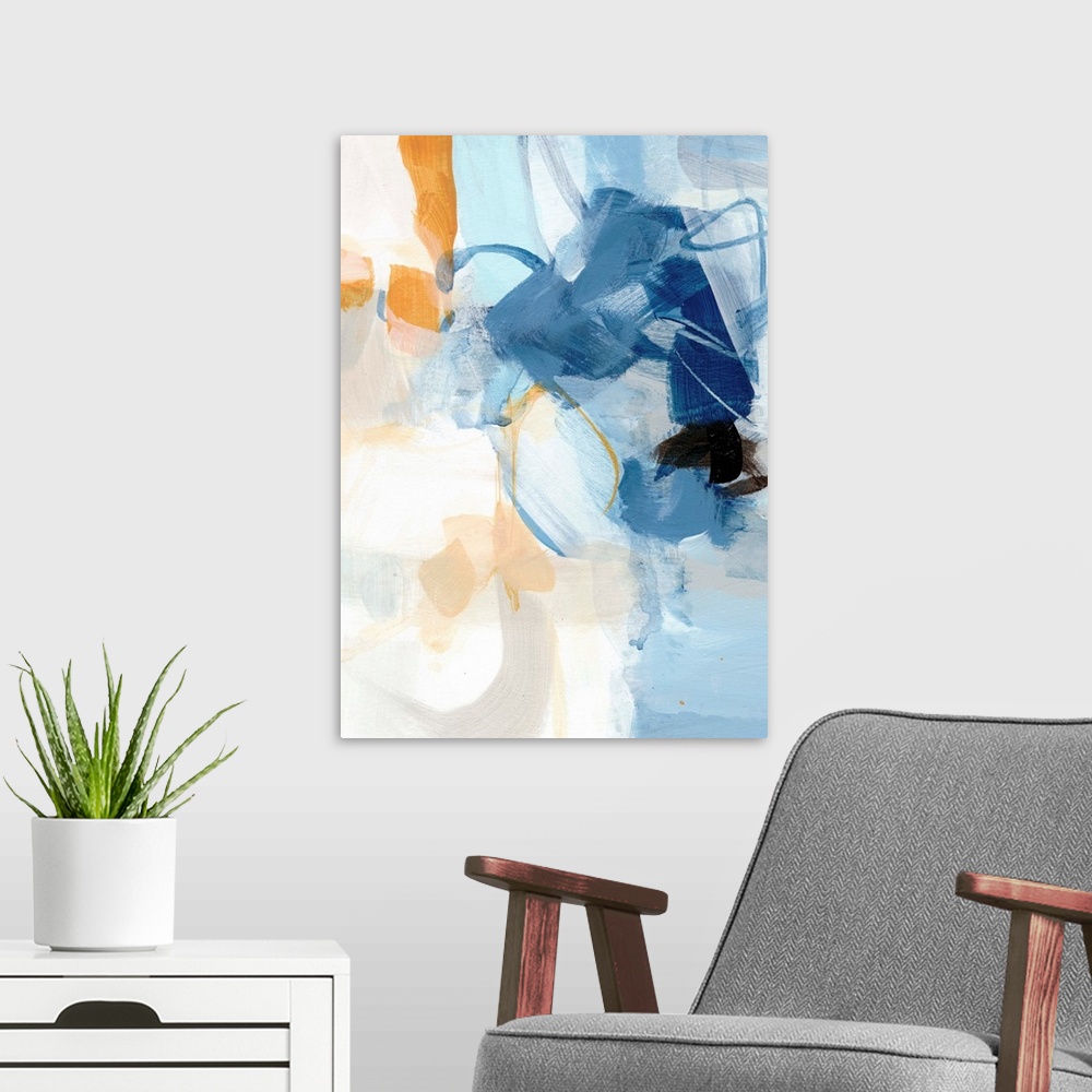 A modern room featuring Abstract painting using pale blue and neutral tones.