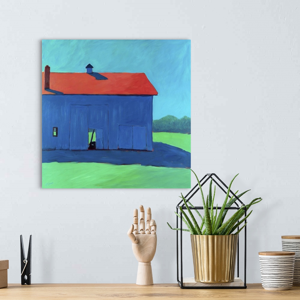 A bohemian room featuring Square artwork of a stable on a countryside landscape in bright primary and secondary colors.