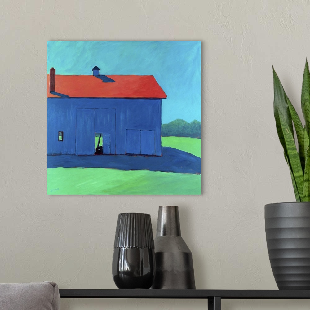 A modern room featuring Square artwork of a stable on a countryside landscape in bright primary and secondary colors.