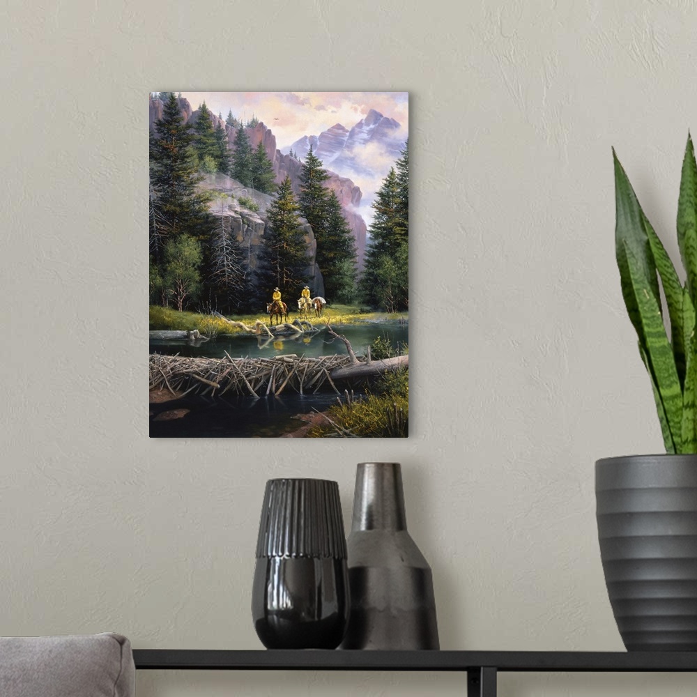A modern room featuring Contemporary Western artwork of two cowboys on horseback in a river valley near a beaver dam in t...