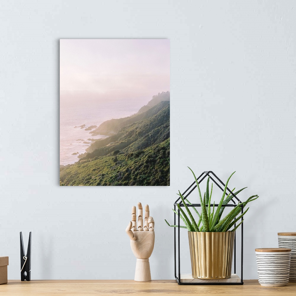 A bohemian room featuring A hazy photograph of a hilly coastline receding into the distance.