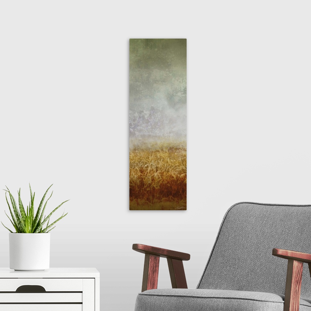 A modern room featuring A contemporary abstract painting of a golden field under a gray sky.