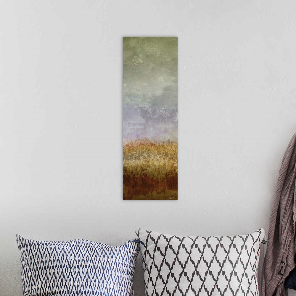 A bohemian room featuring A contemporary abstract painting of a golden field under a gray sky.