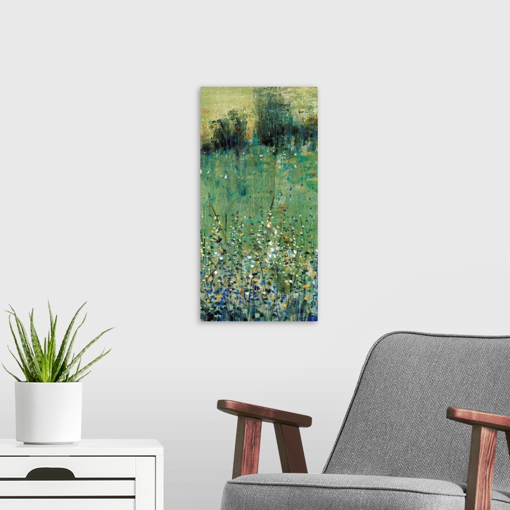 A modern room featuring Contemporary painting of an abstracted green meadow full of wildflowers.