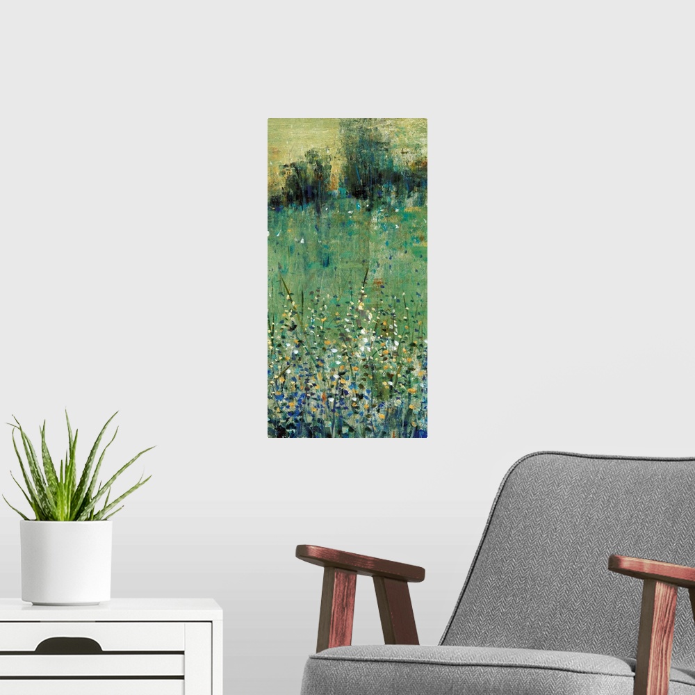 A modern room featuring Contemporary painting of an abstracted green meadow full of wildflowers.