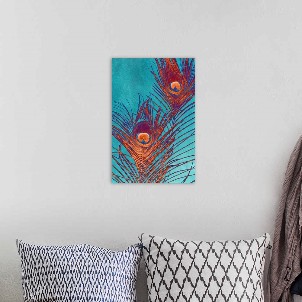 A bohemian room featuring Contemporary home decor artwork of red and purple peacock feathers against a teal background.