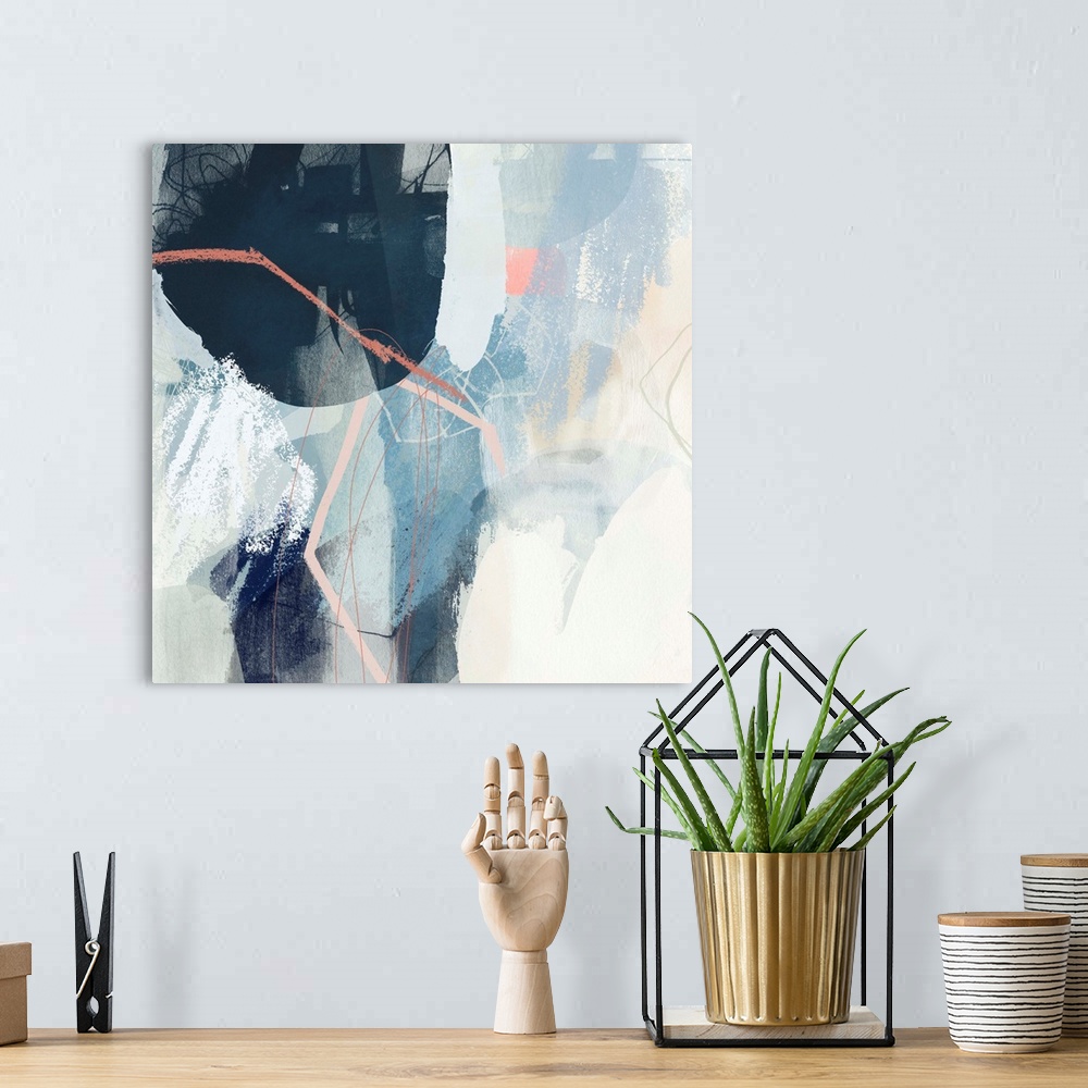 A bohemian room featuring Contemporary abstract painting with circular shapes, lines, and brushstrokes in blue, white, and ...