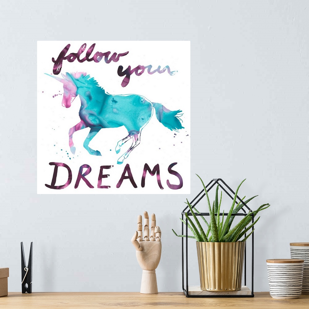 A bohemian room featuring Watercolor unicorn painting with inspirational message, "Follow your dreams."