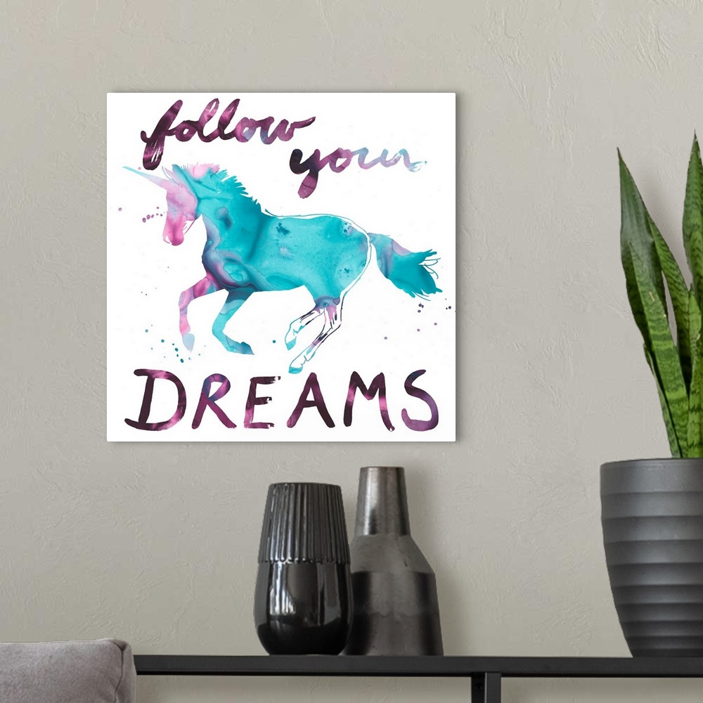 A modern room featuring Watercolor unicorn painting with inspirational message, "Follow your dreams."