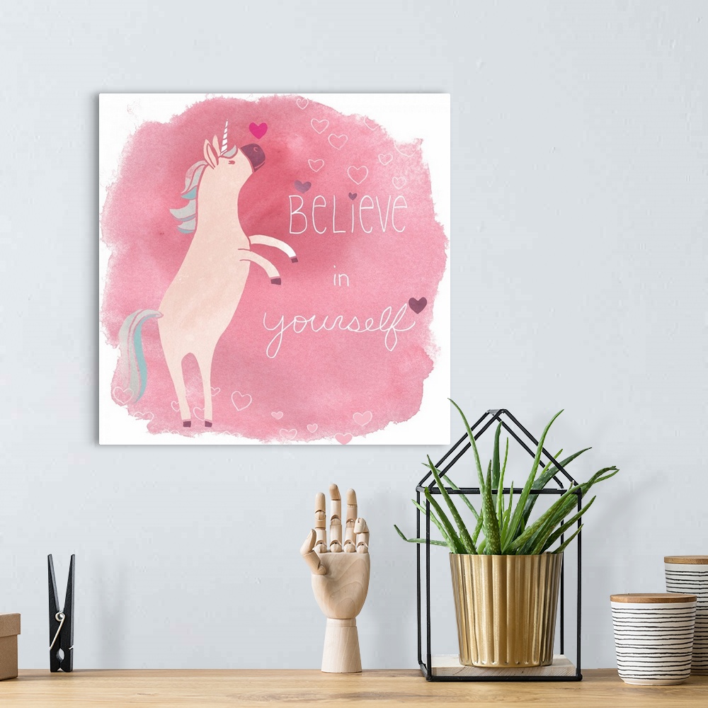 A bohemian room featuring This endearing decor features an adorable unicorn against a pink watercolor background with the w...