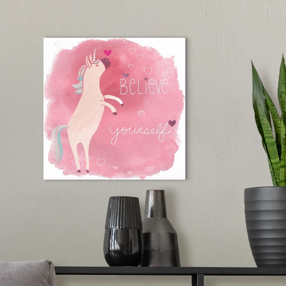 A modern room featuring This endearing decor features an adorable unicorn against a pink watercolor background with the w...