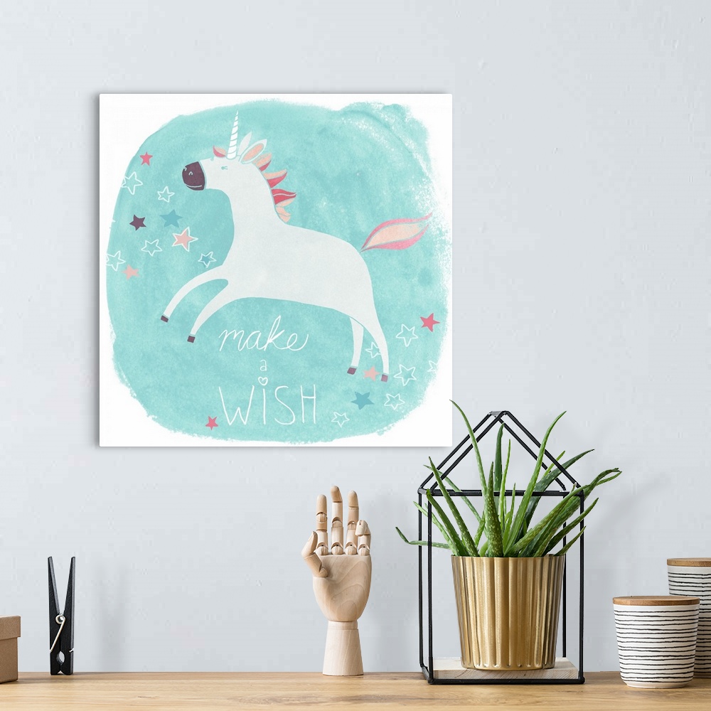 A bohemian room featuring This endearing decor blue watercolor background with the words: Make a wish.